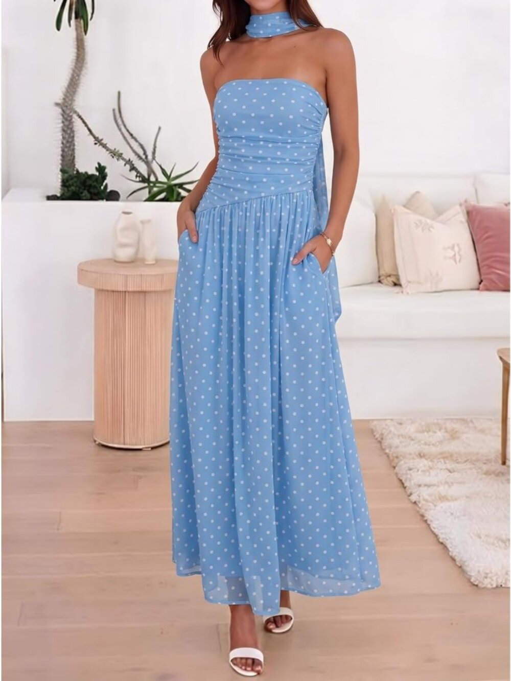 Women's Blue-Polka-Dot Strapless Ruched Elastic Waist Flowy Aline Fit Maxi Dress - Picture 4 of 6